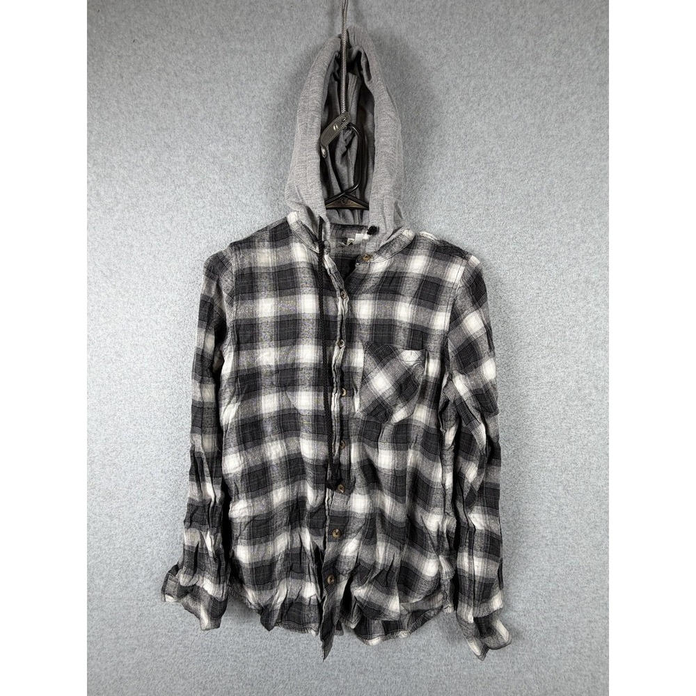 Mudd Shirt Women's Small Plaid Hooded Button Up Flannel Top Long Sleeve Casual